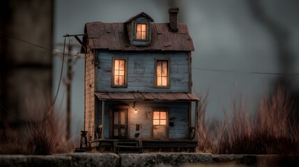 Fototapeta premium Dilapidated Two-Story House at Dusk