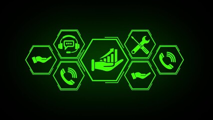 Technical support and customer service concept. Business professional holding tablet with icons representing customer support, troubleshooting service, quality assurance, and communication.