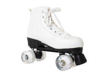 Classic white roller skate with laces and four wheels on transparent or white background.