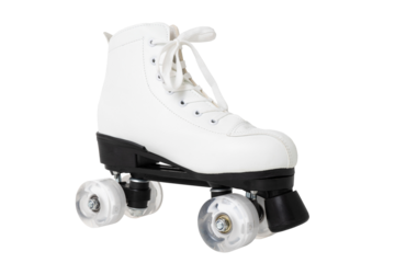 Classic white roller skate with laces and four wheels on transparent or white background.