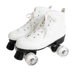 White roller skates with black wheels and laces isolated on transparent or white background.