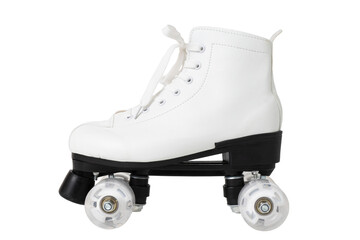 White retro quad roller skate with black plate and clear wheels.