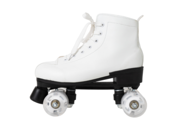 White retro quad roller skate with black plate and clear wheels.