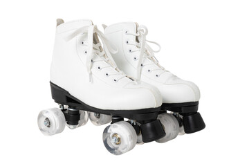 White quad roller skates with black wheels on transparent or white background.