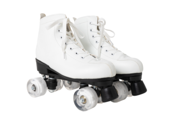 White quad roller skates with black wheels on transparent or white background.