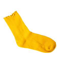 Single bright yellow sock with ruffled edge on transparent or white background.