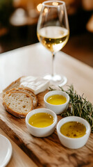 Elegant wine pairing: cheese, bread, olive oil, and rosemary create a symphony of flavors for a sophisticated tasting experience.