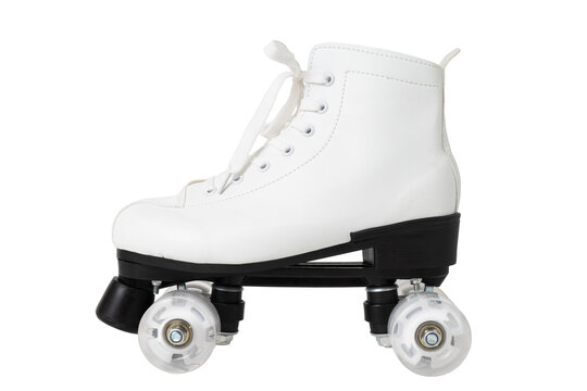 White retro quad roller skate with black plate and clear wheels. - Powered by Adobe