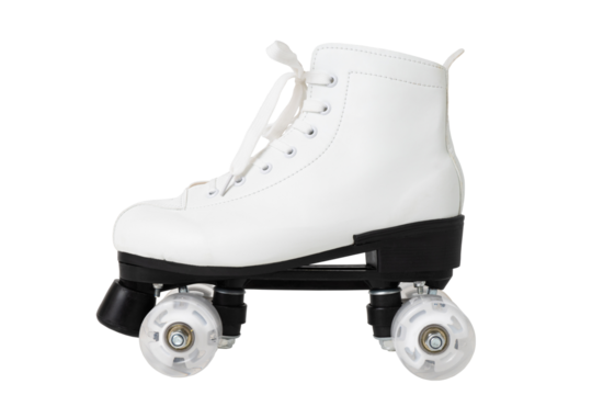 White retro quad roller skate with black plate and clear wheels.