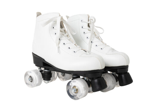 White quad roller skates with black wheels on transparent or white background.