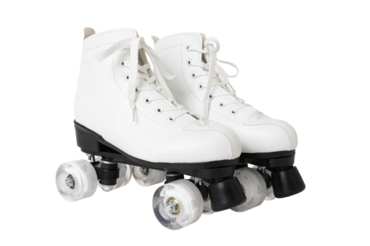 White quad roller skates with black wheels on transparent or white background.