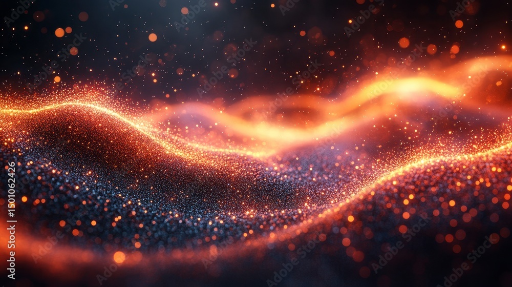 Poster glowing waves of orange particles float in a dark, dreamy space with bokeh effects