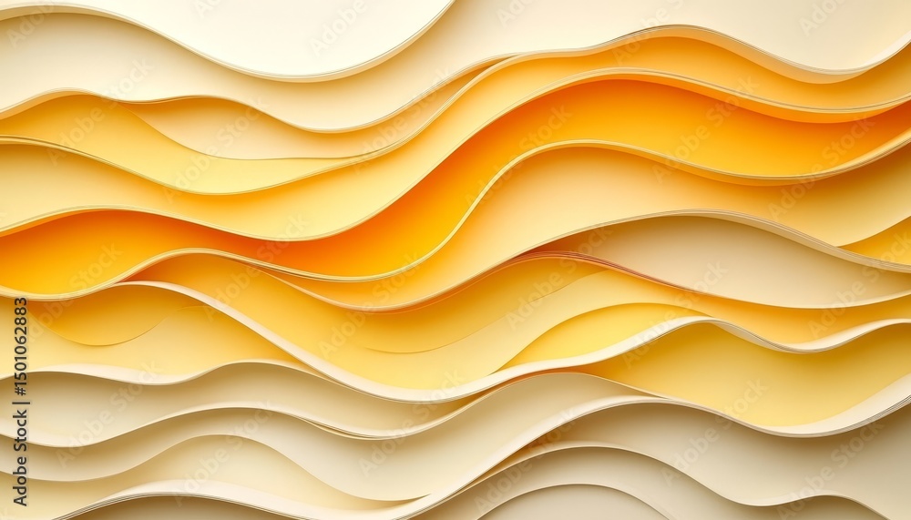 Poster fluid paper waves. layered 3d render of dynamic abstract forms in warm yellow and orange gradient