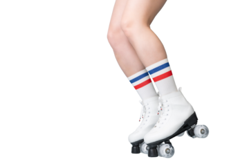 Retro roller skating style with white boots and striped socks.