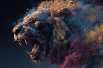 Naklejka premium Roaring Lion with Colorful Smoke