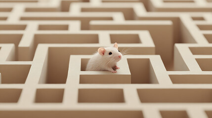 Lost in the Labyrinth: A tiny, white mouse navigates a complex maze of beige corridors. The challenge of finding a path is clearly visible.