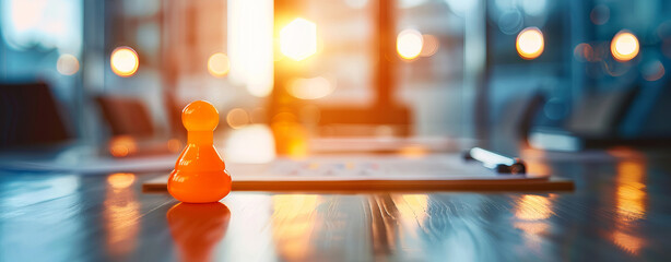 Vibrant orange game piece on wooden table during risk assessment meeting, illuminated by warm sunlight, creating focused atmosphere