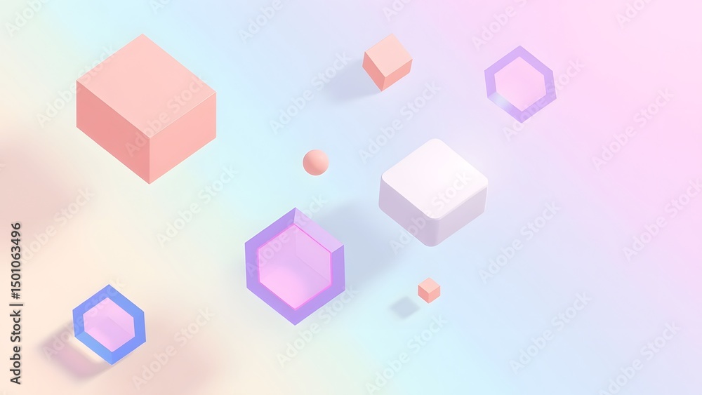 Poster colorful digital background featuring a bright, abstract geometric cube pattern with blue light and 