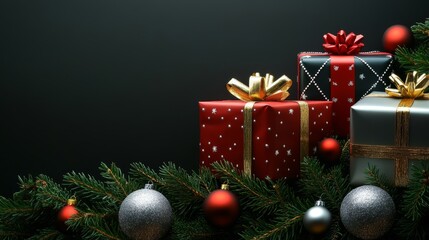 Elegant Christmas Presents, Decorated With Pine Branches And Silver Ornaments, On A Dark Background.