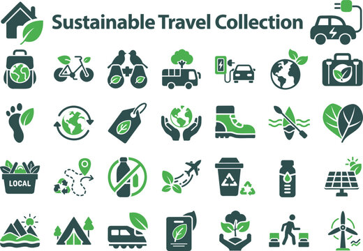 Sustainable Travel Collection Eco-Friendly Symbols for Green Living and Tourism - Powered by Adobe