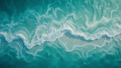 Aerial view of turquoise ocean currents creating hypnotic swirling patterns, translucent water revealing white sand beneath, soft sunlight diffusing through surface