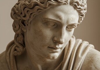 Marble Sculpture Portrait Capturing Serene Facial Detail against a Light Backdrop Photo