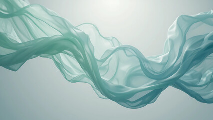 Ethereal movement of delicate silk fabrics in mint green and pale blue, suspended mid-air with gentle lighting highlighting their flow