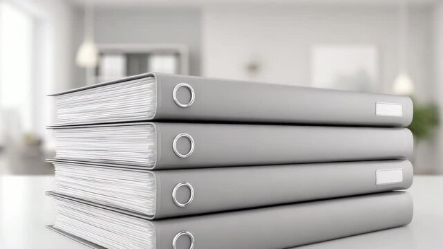 Stack of gray office binders with documents neatly stacked white desk