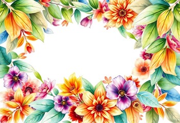 Obraz premium Watercolor leaves border framing vibrant floral bouquet, art, botanical