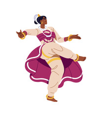 Woman in national ethnic clothes dances. Dancer does traditional Indian poses in kuchipudi, bharatanatyam. Performer in saree moves in odissi. Flat isolated vector illustration on white background