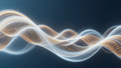 Artistic representation of meditation sound waves in 3D, featuring gold and white hues on a deep blue backdrop, showcasing symmetrical, flowing patterns