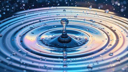 Macro photography of water droplets creating perfect concentric ripples on a still water surface, high-speed capture frozen in time, soft backlight creating rainbow prism effects