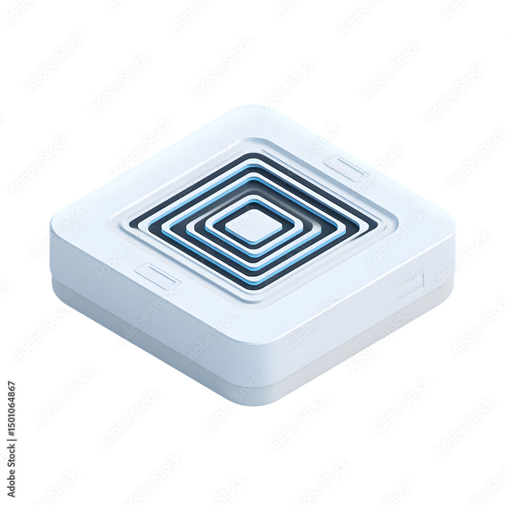 Poster modern white square device with concentric blue patterns, set against a clean background