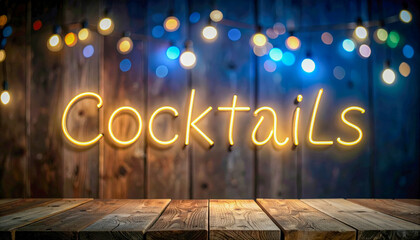 A neon sign that says Cocktails on a wooden background. The sign is lit up and the background is blurry