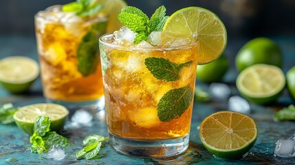 Fototapeta premium Refreshing beverage! Garnished with mint sprigs and lime wedge, bubbly in a glass with ice