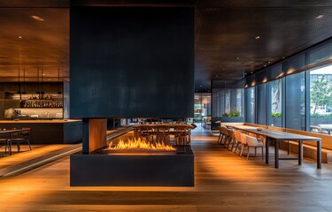 Modern restaurant interior with a prominent, built-in fireplace