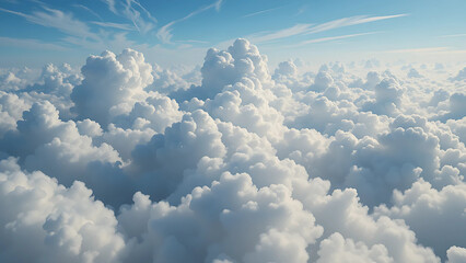 Timelapse of cumulus clouds forming and dissolving in fluid motion, soft white and blue palette, viewed from above the clouds, creating a heavenly atmosphere in ultra-high definition