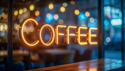 A neon sign for a coffee shop with a blurry background. The sign is lit up and has the word "coffee" on it