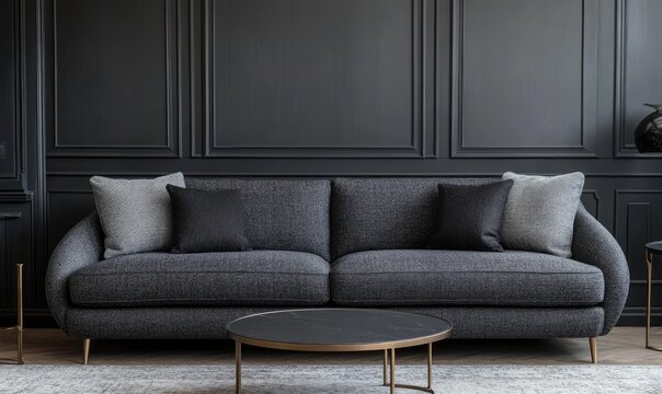 Dark gray sofa with accent pillows in a modern living room