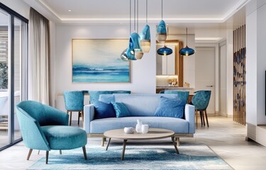 Coastal-inspired living room.  Light and airy, teal accents