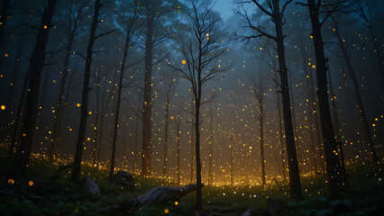 Long-exposure photograph of a forest illuminated by synchronized fireflies, their collective glow creating mesmerizing patterns amidst a softly lit, mist-covered woodland