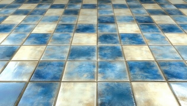 Suelo de baldosas con patr&oacute;n ajedrezado en tonos azules y blancos