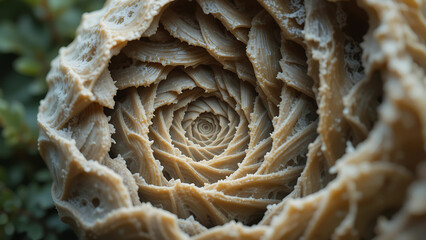 Extreme macro close-up of a fern frond unfurling in a perfect Fibonacci spiral, soft natural lighting highlighting the intricate patterns and muted earthy tones, showcasing mathematical harmony in nat