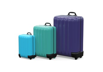 set of trolley suitcases in different colors and sizes - 3D rendering on white background