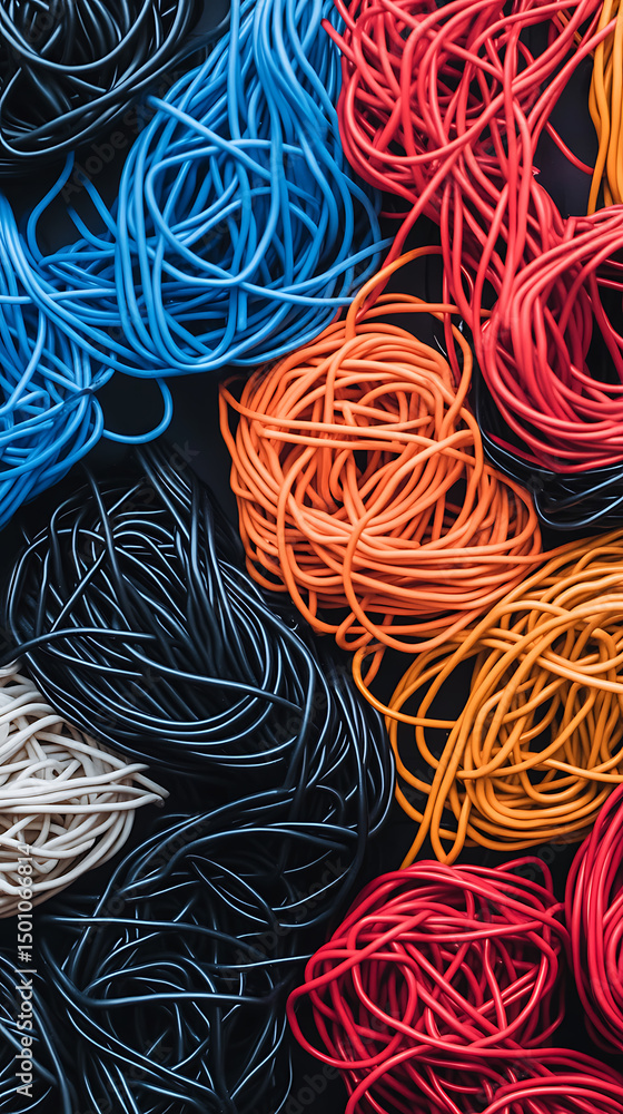 Poster a vibrant tangle of colorful cords and wires creates a chaotic yet captivating abstract composition,
