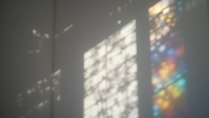 Sunlight refracted through a crystal prism casting vibrant rainbow patterns onto a white wall, soft bokeh effect enhancing the minimalist composition and high-key lighting, creating abstract geometric
