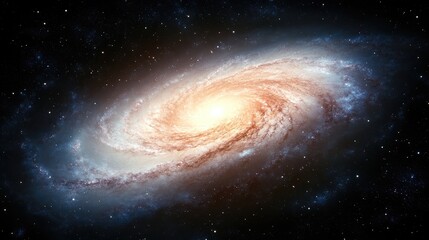 Spiral galaxy with bright core, swirling arms, and scattered stars against a dark background