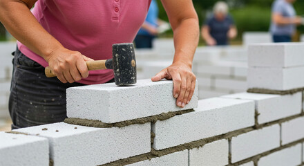 The bricklayer is working. The bricklayer is building a wall with a trowel and mortar. Building a wall of aerated concrete.