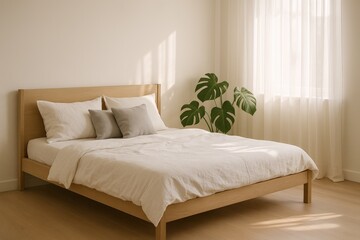 Serene scandinavian bedroom interior design with cozy minimalist aesthetic