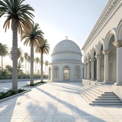 Elegant white domed pavilion with arches and palm trees under soft sunlight.